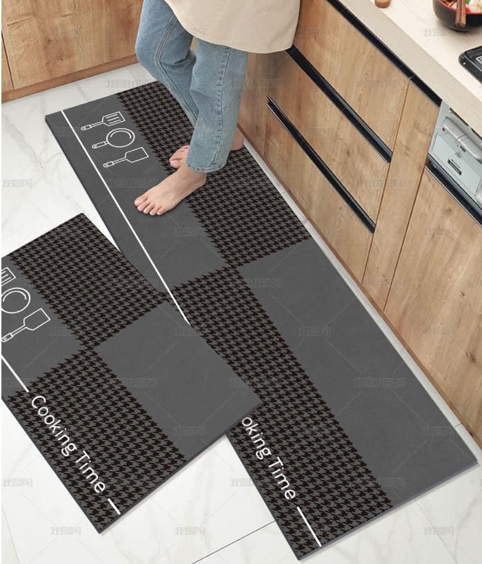 Favria Anti Fatigue Kitchen Mat Sets 2 Piece Non Slip Kitchen Mats for Floor Anti Skid Kitchen Rugs Water Absorbent Standing Mat for Kitchen Floor (Cooking Time)