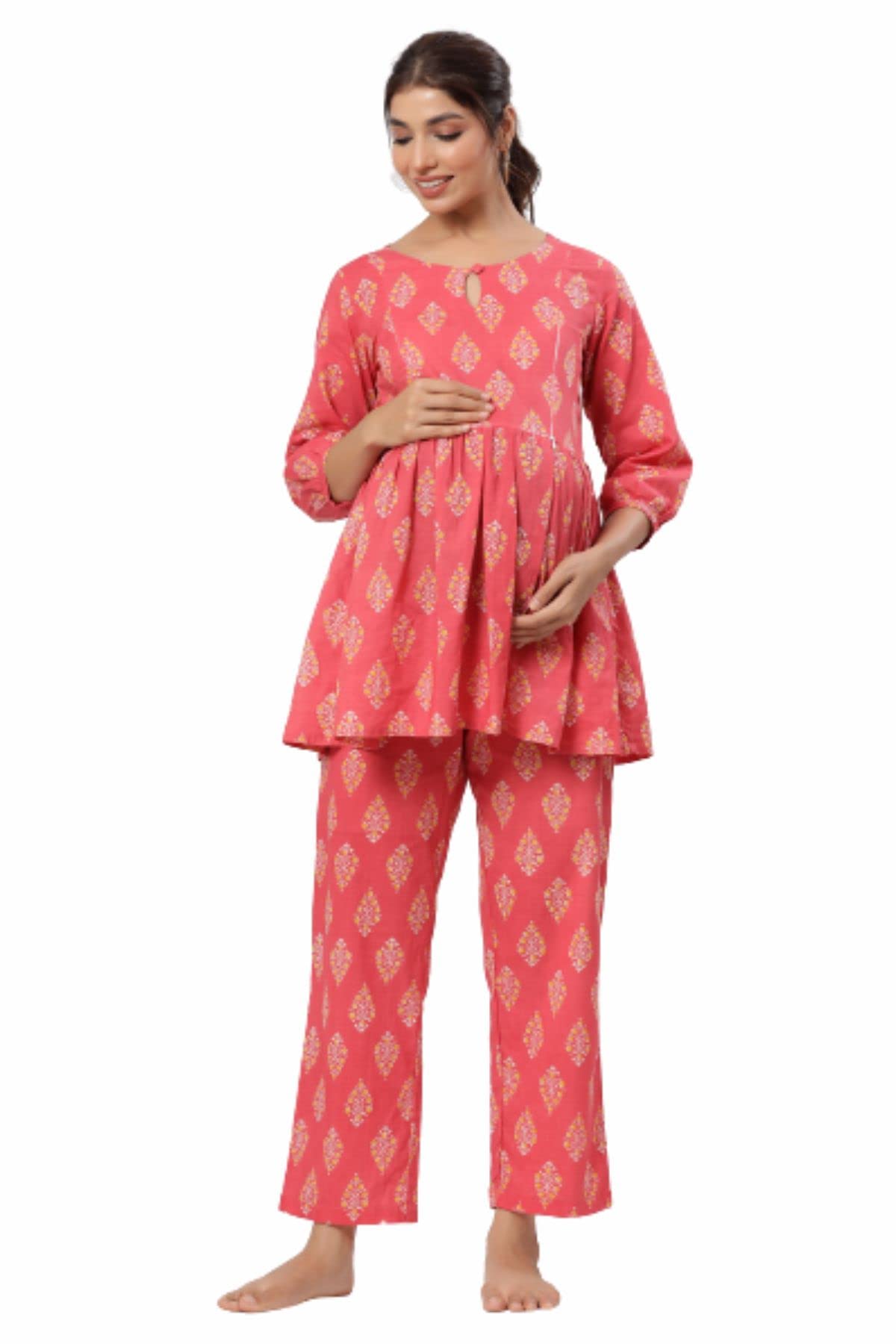 Jaipuri Printed 100% Cotton Maternity Nursing and Feeding Night Suit/Kurta Pant | Nursing Zippers | Pre and Post Pregnancy-image-37