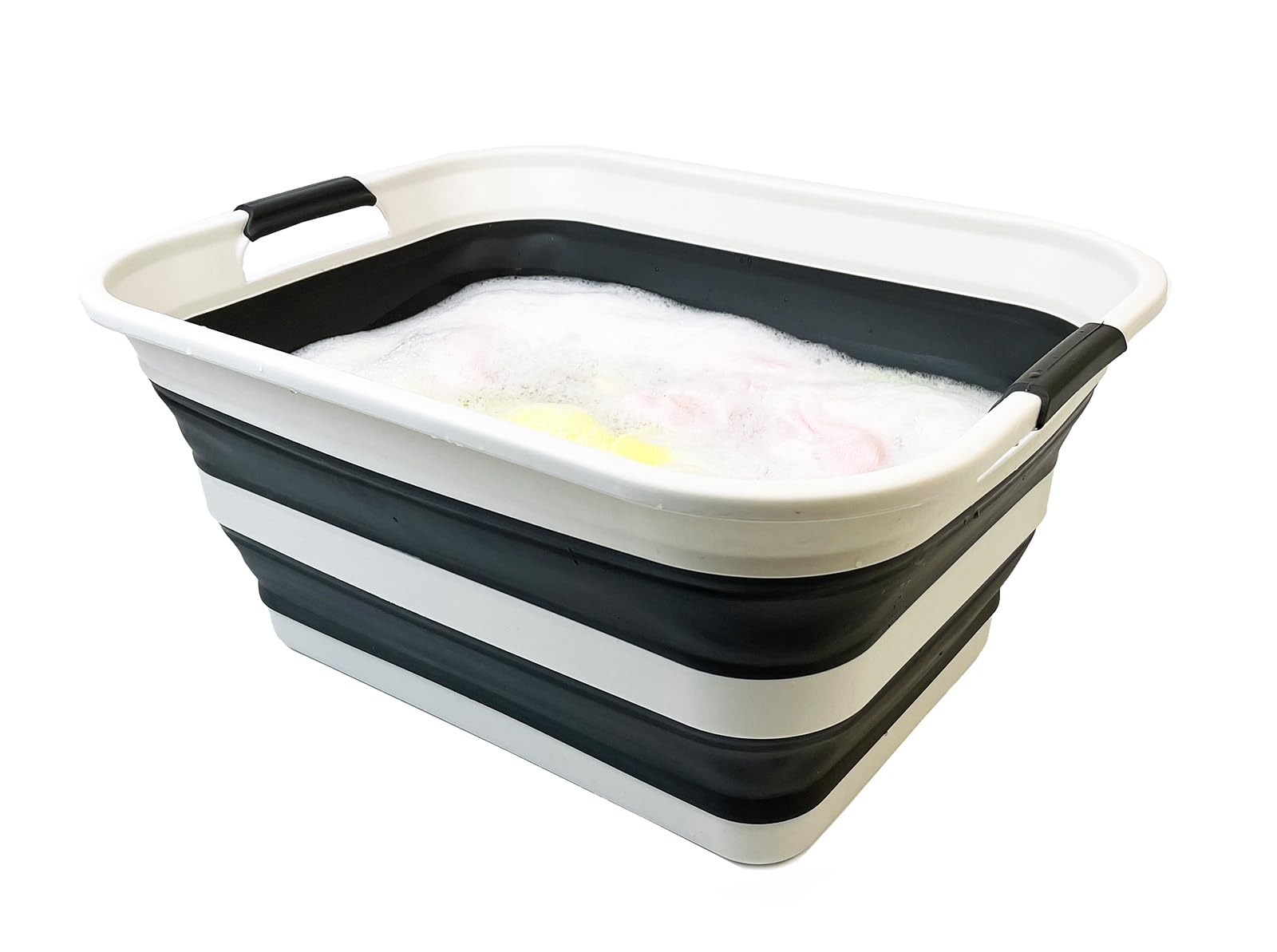 SAMMART 42L Collapsible Plastic Laundry Basket - Foldable Pop Up Storage Container/Organizer - Portable Washing Tub - Space Saving Hamper/Basket (1, Grey/Washed Black)