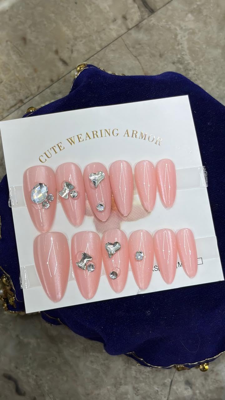 TheBlingNails | Premium Handmade Luxury Gel Nails, Almond Nude Nail with Rhinestone & Crystal Charms| Elegant Stick -On Nail Kit for Women & Girls| Reusable Nails| Lightweight & Long Lasting| High Glossy Finish| Salon-Style Nail at Home| Crafted in our BlingNails Studio for salon quality results. (Shimmer Peach Pink with Crystal Bow)-image-5