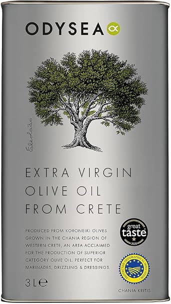 Odysea Greek Chania PGI Extra Virgin Olive Oil 3L Tin - Cold-Extracted Koroneiki Olives, Hand Harvested, Single Origin, Award-Winning Premium EVOO