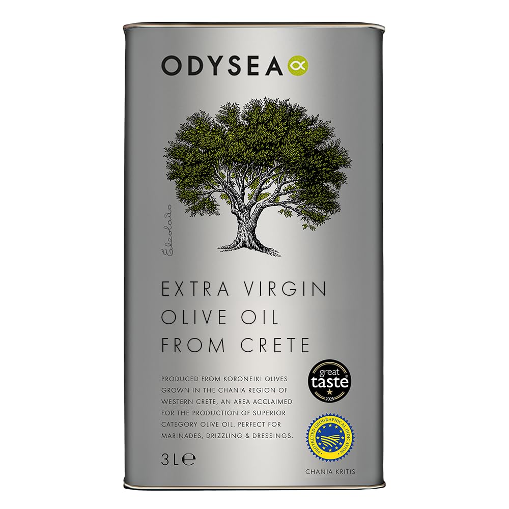 Odysea Greek Chania PGI Extra Virgin Olive Oil 3L Tin - Cold-Extracted Koroneiki Olives, Hand Harvested, Single Origin, Award-Winning Premium EVOO