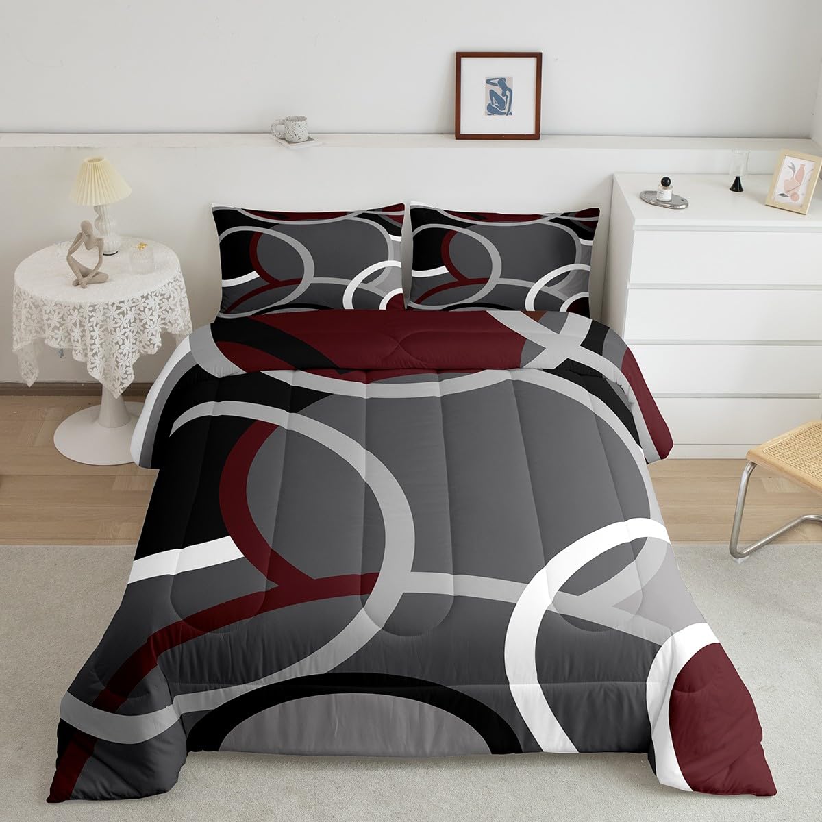 Feelyou Circle Geometry Comforter Set Kids Rurgundy Red Gray Swirl Comforter for Women Men Adults Modern Stripes Bedding Set Geometric Quilted Room Decor Duvet Set King Size Boys