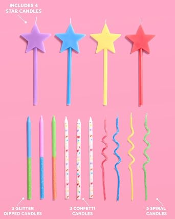 xo, Fetti 14pc Novelty Birthday Candles | Star Glitter Pastel Party Decor