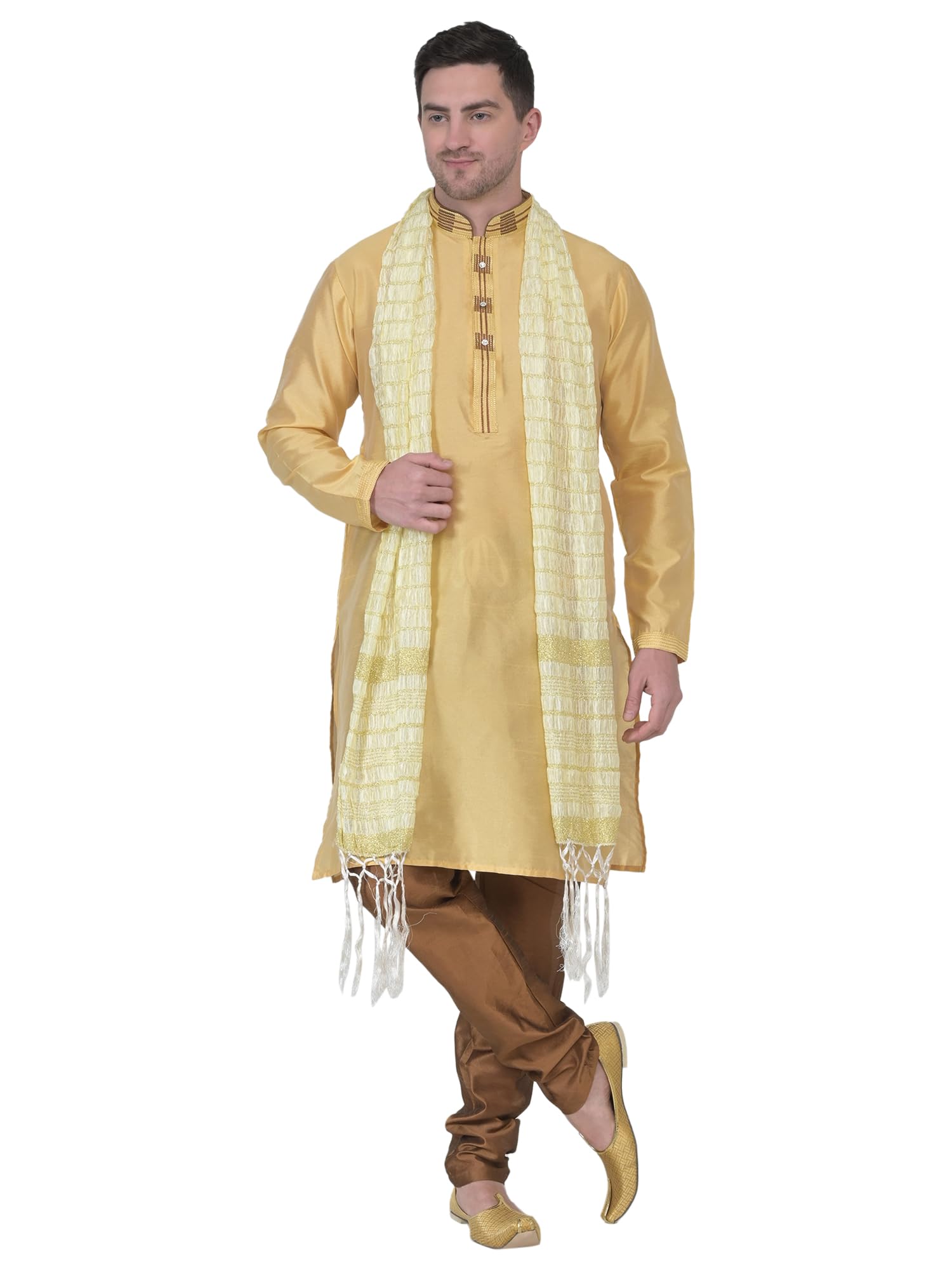 ITOS365 Men's Tunic Art Silk Kurta Pajama and Scarf Suit Set Indian Clothing Wedding Party Dress Gifts Items