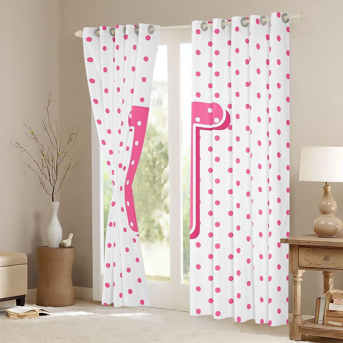 Feelyou Polka dots Curtains for Bedroom Living Room Personalized Initial I Blackout Darkening Drapes Pink White Window Treatments, 2 Panels 38 x 45 Inch Room Decor image 3