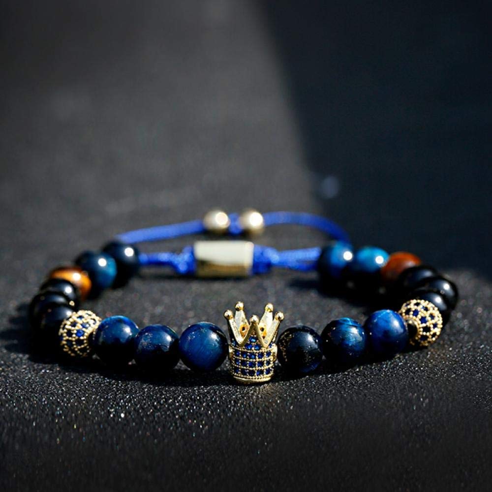 WQZYY&ASDCD Pulseras Brazalete Lujo Circonita Cúbica Corona Bolas Encanto Pulsera Trenzada Hombres Mujeres Azul Piedra Natural Cuentas Pulseras Y Brazaletes