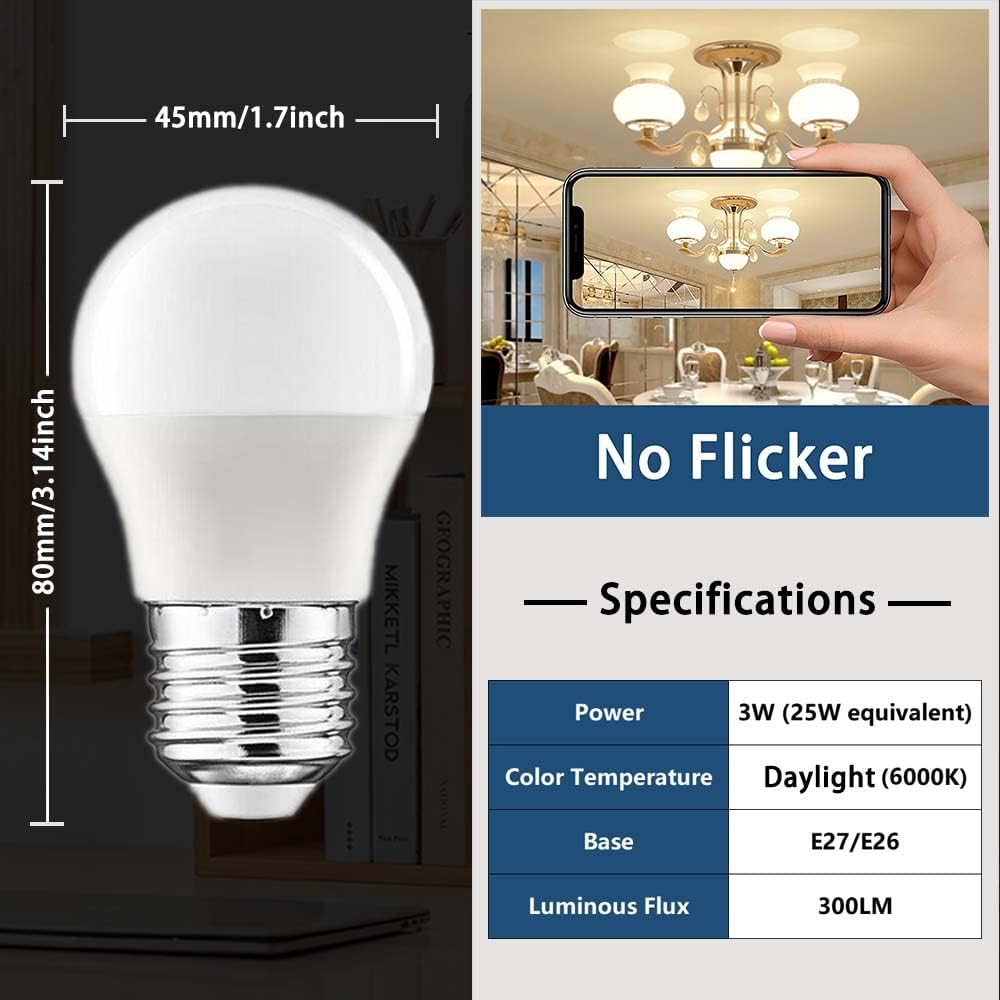 A15 LED Light Bulbs 3W (25W Equivalent) Daylight White 6000K E26 Base 120V A15 3W Bulbs for Bedroom Living Room Home Office Not Dimmable (Pack of 6) （Φ1.7*H3.1 inch