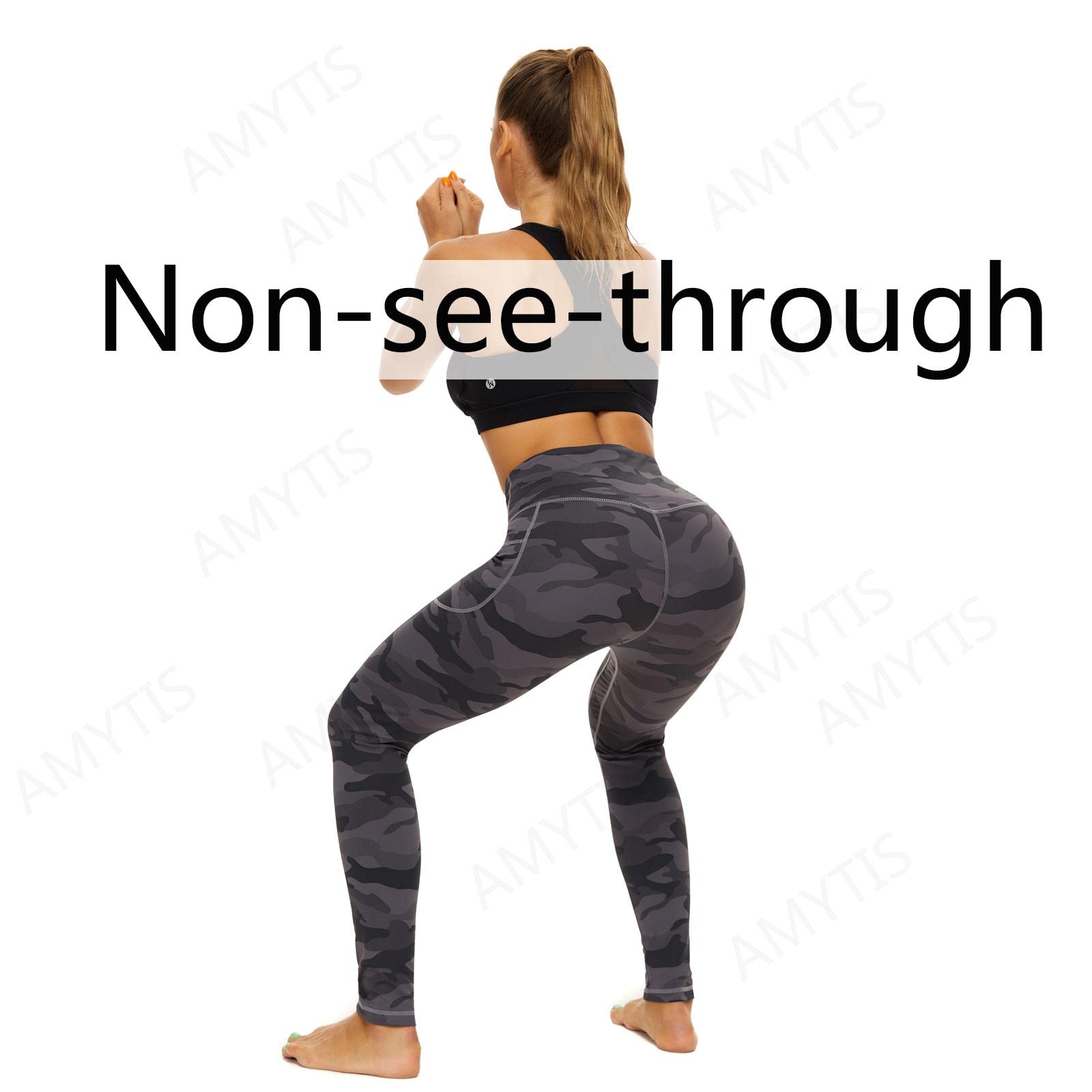 AMYTIS Sportowe legginsy damskie z wysokim stanem, spodnie do jogi z kieszeniami, długie spodnie sportowe, nieprzezroczyste, legginsy sportowe