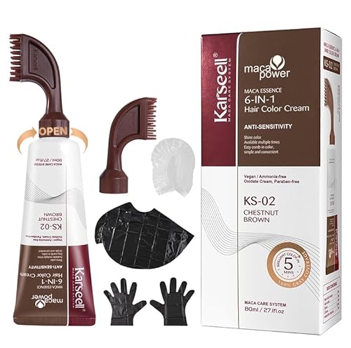 Karseell Hair Dye with Comb Applicator, Maca essence 6-IN-1 Ammonia Free No Mix Hair Color for 100 Percent Gray Coverage Hair Dye, 80ml-Brown