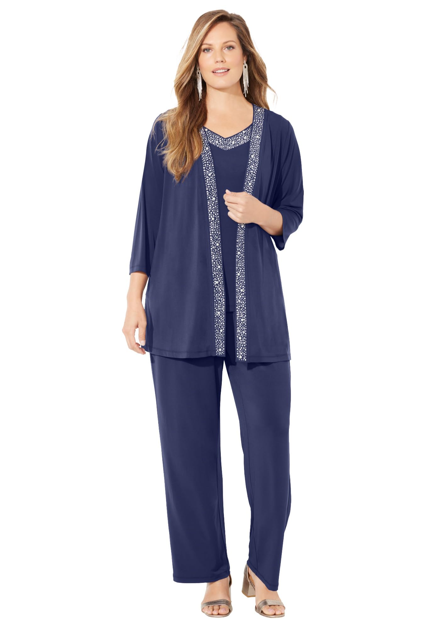 Womens Plus Size Beaded 3-Piece Cardigan Pant Set