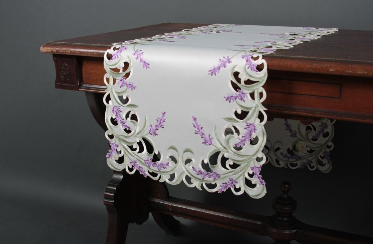 XD17107 Lavender Lace Embroidered Cutwork Table Runner, 15 by 70-Inch, Ivory