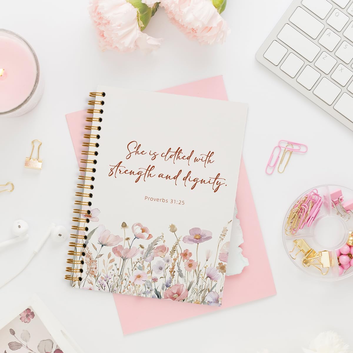 Floral Christian Notebook Journal for Women, Prayer Journal, She is Clothed with Strength and Dignity Bible Notebooks for Note Taking, Bible Journaling Notebook, Spiral Notebook 5.5x8.3 Inch - Image 2