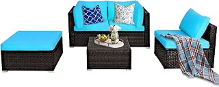 DORTALA 5 Pieces Patio Rattan Furniture Sets, Sectional Sofa Conversation Set Wicker Combination Furniture w/ Steel Frame, Modern Wicker Sofa Ottoman Table for Garden Lawn Balcony Backyard, Rattan Bistro Furniture w/ Sponge Cushion, Turquoise