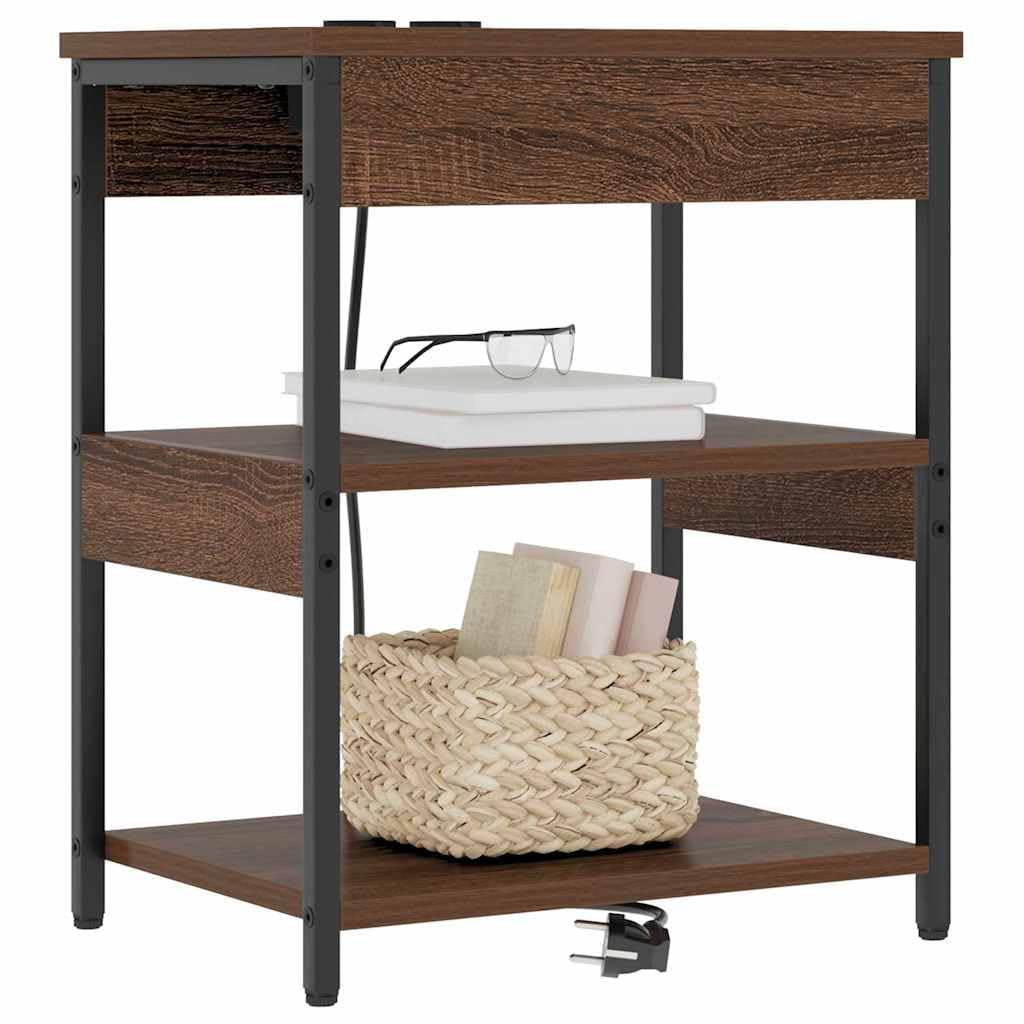 Stolik nocny, zestaw 2 sztuk, kolor brązowy o wyglądzie dębu, 41 x 31 x 51 cm, ze stacją ładującą, materiałem drewnopochodnym i stali, 4 półki, miejsce do przechowywania do sypialni, łóżka