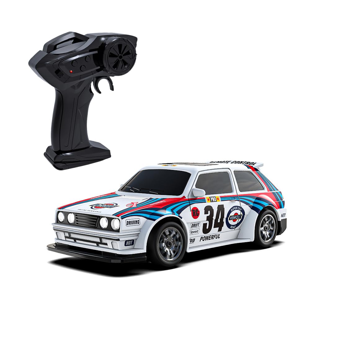 Coche teledirigido 1:43, 2,4 GHz 4WD RC coche, iluminación LED, velocidad ajustable, neumáticos de carreras y pilones, RTR, vehículo interior y exterior