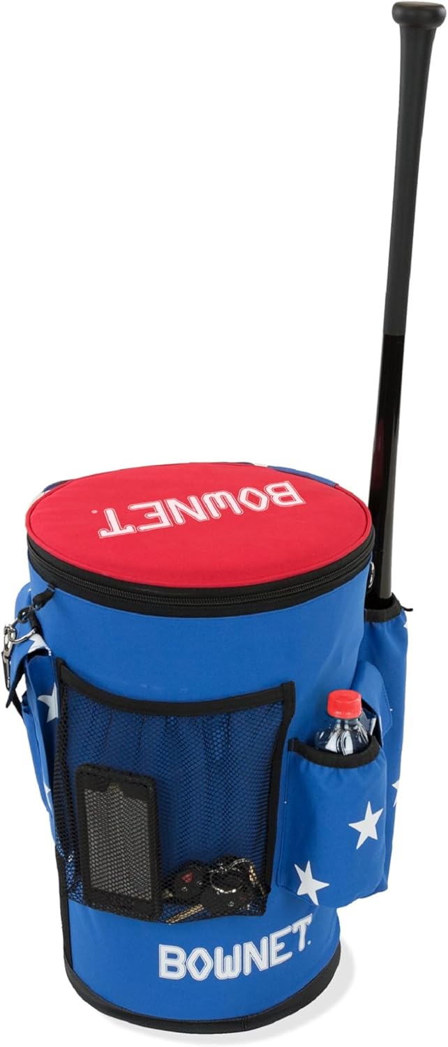 Bownet - Sports Backpack Bucket Bag with Shoulder Strap - Padded 6-Gallon Cover with Pockets for Baseball and Softball