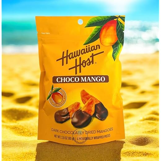 Hawaiian Host Choco Mango – Dark Chocolate Dipped Dried Mango Slices – Tropical Gourmet Snack – 2.8oz (80g) – Individually Wrapped Pieces