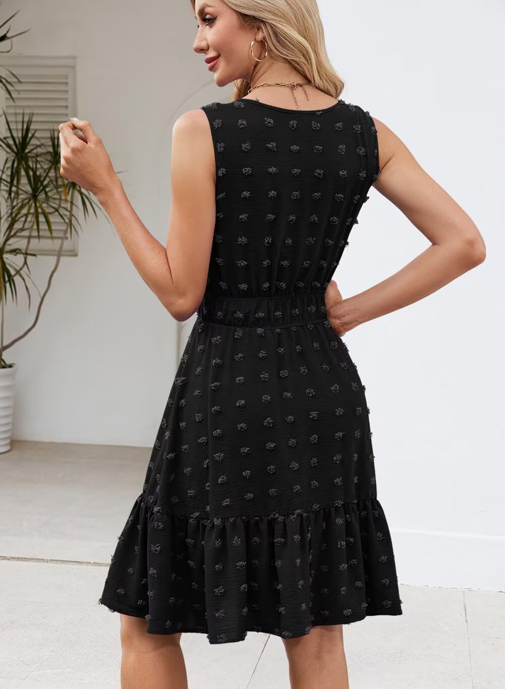 QACOHU 2026 Women Summer Short Dress Sleeveless V Neck Swiss Dot A Line Swing Mini Sundress for Women - Image 6