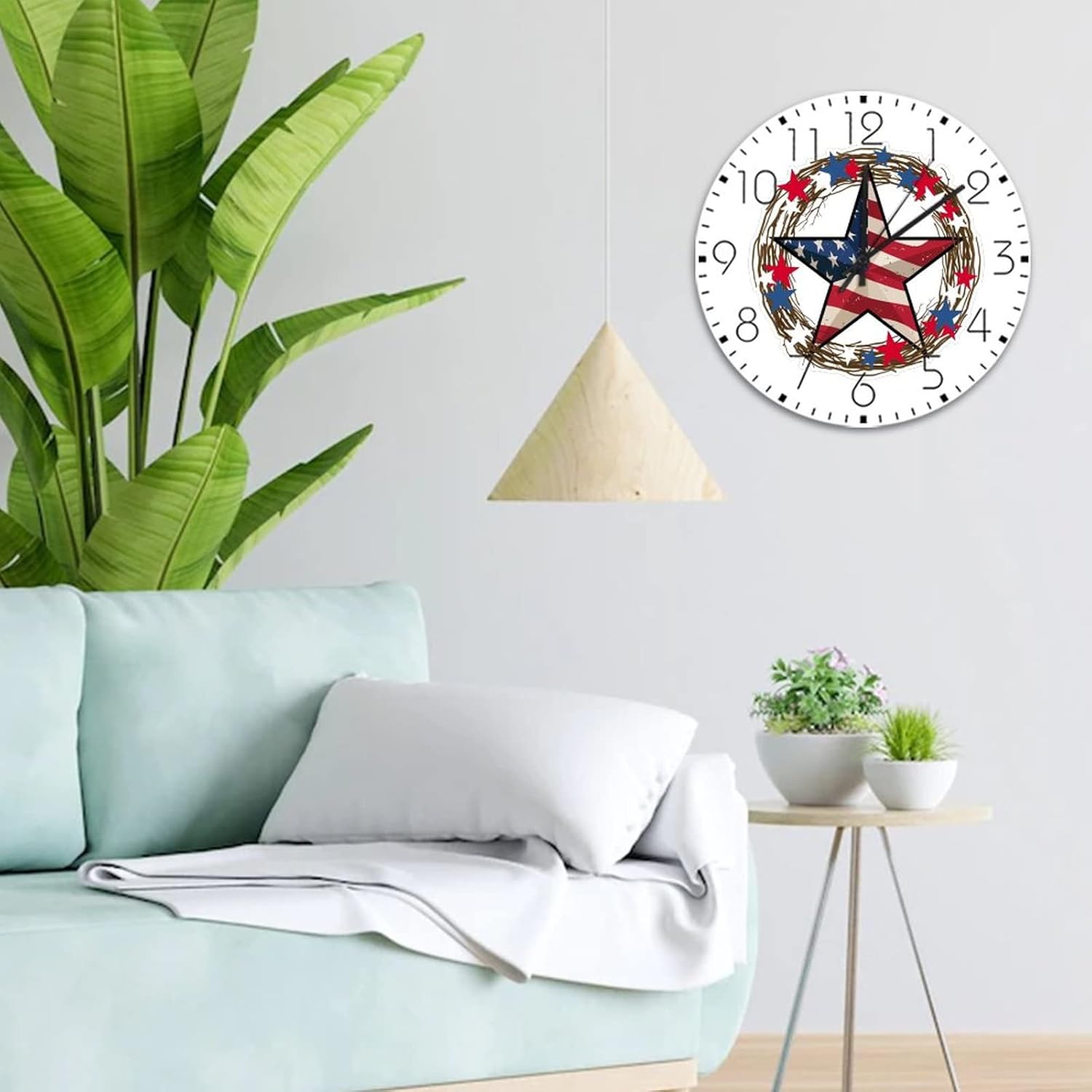Wood Wall Clocks Non-Ticking Sweep Movement 4th of July American Star Round Modern Wall Clocks Memorial Day Wooden Wall Decor for Restaurant Classroom Above Fireplace 12 Inch