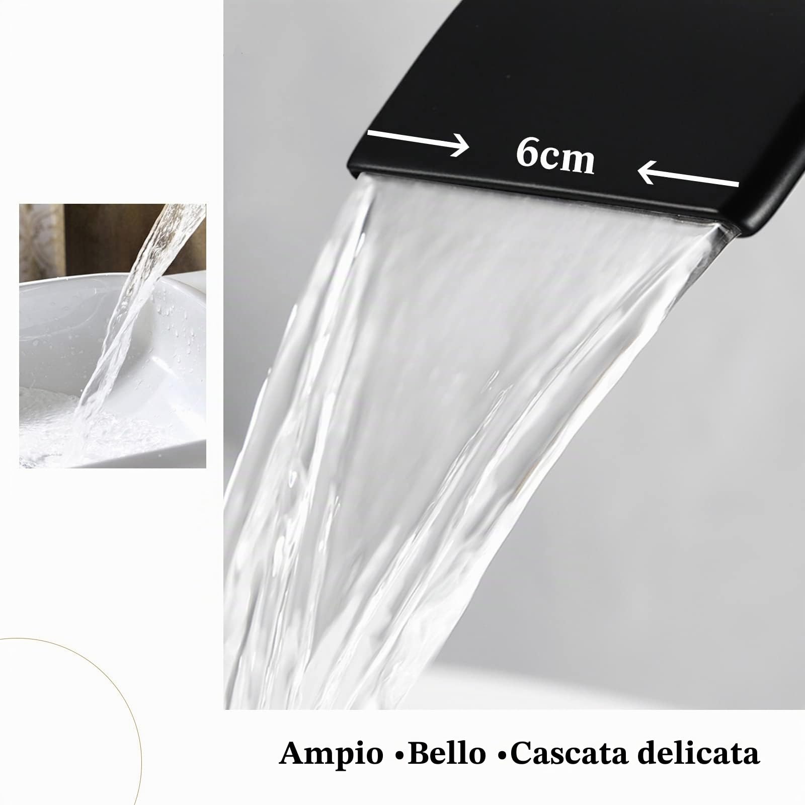 Rubinetto da bagno nero, a cascata per lavabo, per lavabo alto, altezza 200 mm, miscelatore monocomando, rubinetto da bagno