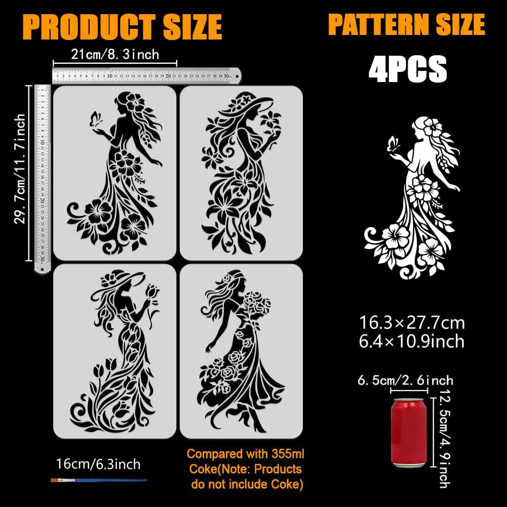 FINGERINSPIRE 4PCS Floral Woman Stencils with a Brush 8.3x11.7inch Flower Female Stencil Reusable PET Drawing Templates for Painting on Wood Wall Floor Fabric Decor Crafts