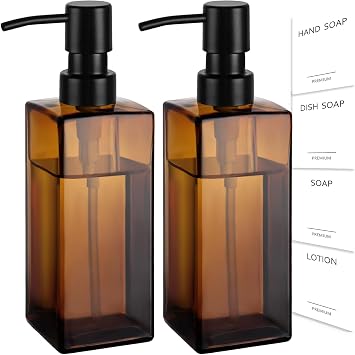 GMISUN Amber Glass Soap Dispenser, 2 Pack Hand Soap Dispenser Bathroom, 12 fl oz/350ml Dish Dispenser Set for Kitchen, Glass Liquid Dispenser with Stainless Steel Pump, Brown Soap Dispensers Bottle
