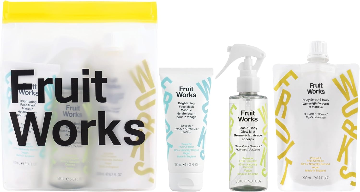 Fruit Works Gift Travel Bag 3 Full Sized Skin Care Products. Face Mask, Body Mist & Body Scrub. Helps Skin Renewal, Hydrates, Protects & Rejuvenates Skin For A Healthier, Glowing Skin