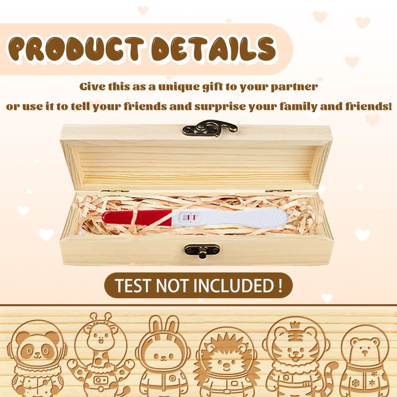 CHGCRAFT Pregnancy Test Keepsake Box Animal Astronauts Wooden Pregnancy Announcement Gifts Box with Raffia Ribbon and Lock Announcement Gifts for Dad Husband 8x2x1.2 inch - Image 3