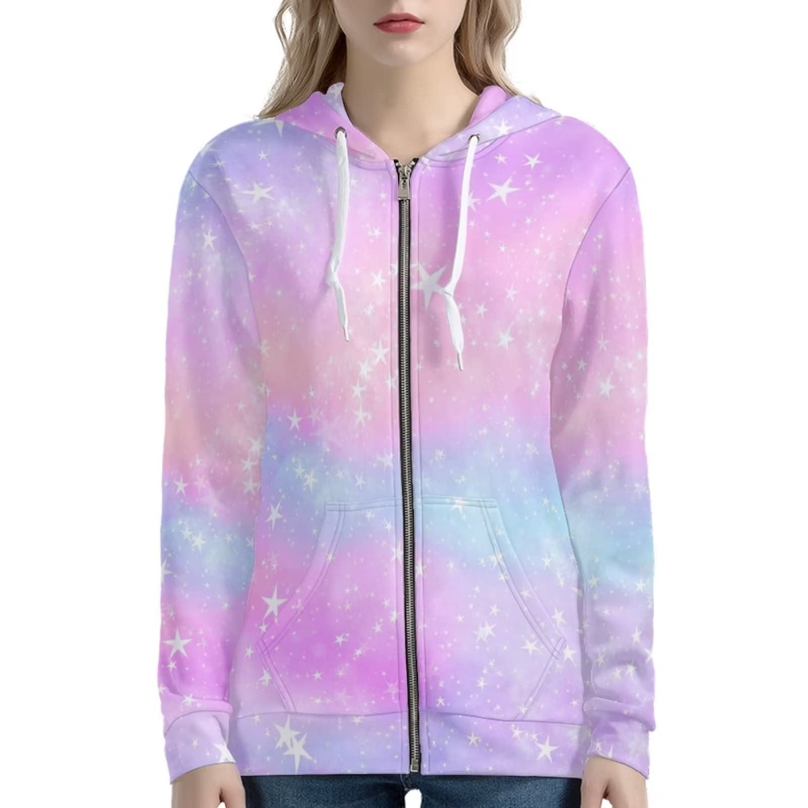 HUIACONG Damska bluza z kapturem zapinana na zamek błyskawiczny dla nastolatek sweter XS-5XL rozmiar, Różowa gwiazda, 3XL