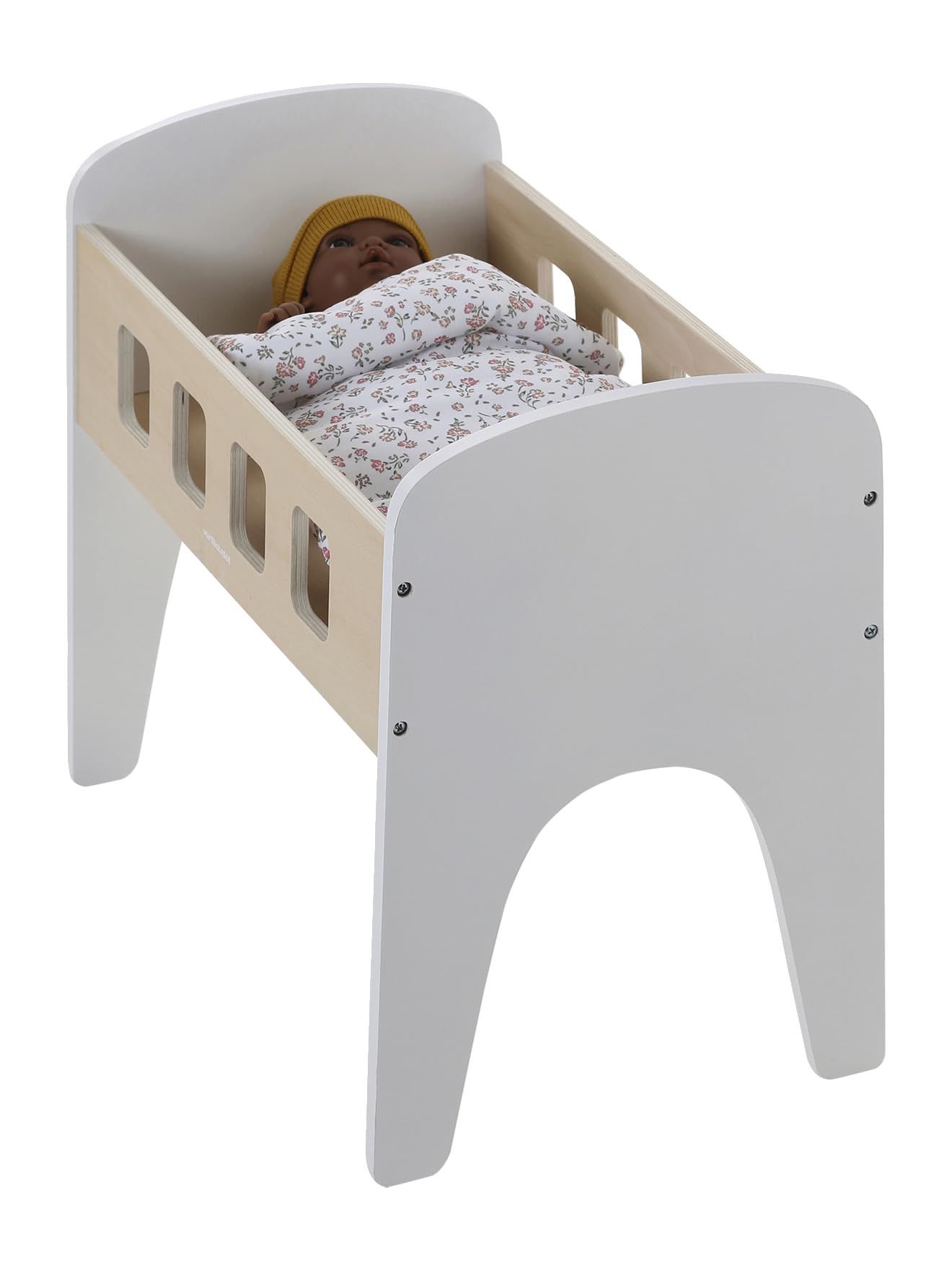 VERTBAUDET Lit Poupon en Bois FSC® Blanc Bicolore avec Matelas Imprimé Fleuri