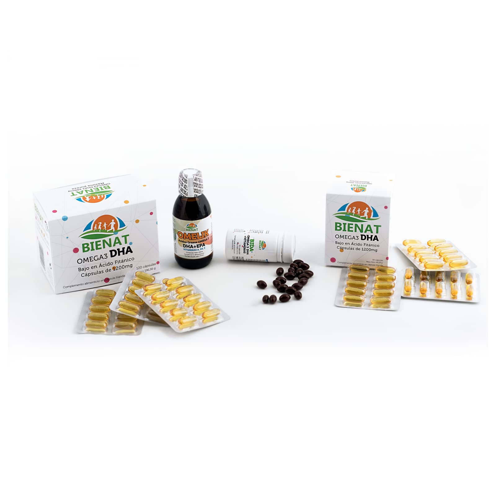 PACK Bienat Familia - Omega 3 DHA y EPA junto con Complejos Vitamínicos - Omelik + Bida + 180 Cápsulas Bienat Omega 3 (Pack Familia)