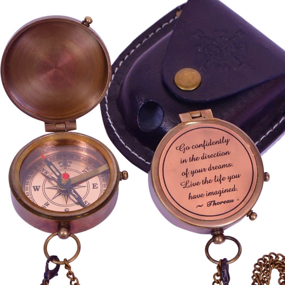 MARIYAM GIFT MARTThoreau's Go Confidently Quote Engraved Antique Nautical Compass with Stamped Leather Case, Boating Compass, Camping Compass Compass, Directional Magnetic Compass, Graduation Day s