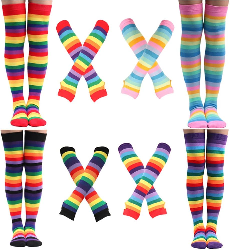 2/4 Sets Womens Striped Knee High Socks Long Knitted Arm Warmers Fingerless Gloves for Halloween Costume