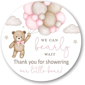 2"" Round Boho Bear Balloons Baby Shower Thank You Favor Stickers - Set of 40 Pink