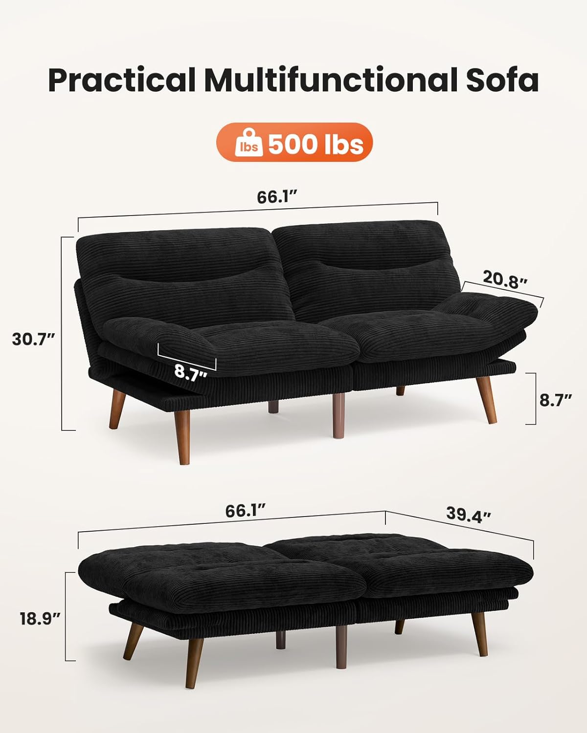 66″Futon Sofa Bed,3-in-1 Futon Couch w/Adjustable Backrest & Armrests, Convertible Sleeper Sofa Bed, Small Folding Sleeper Recliner w/Removable Cushion for Apartment, Living Room,Office (66in,Black)
