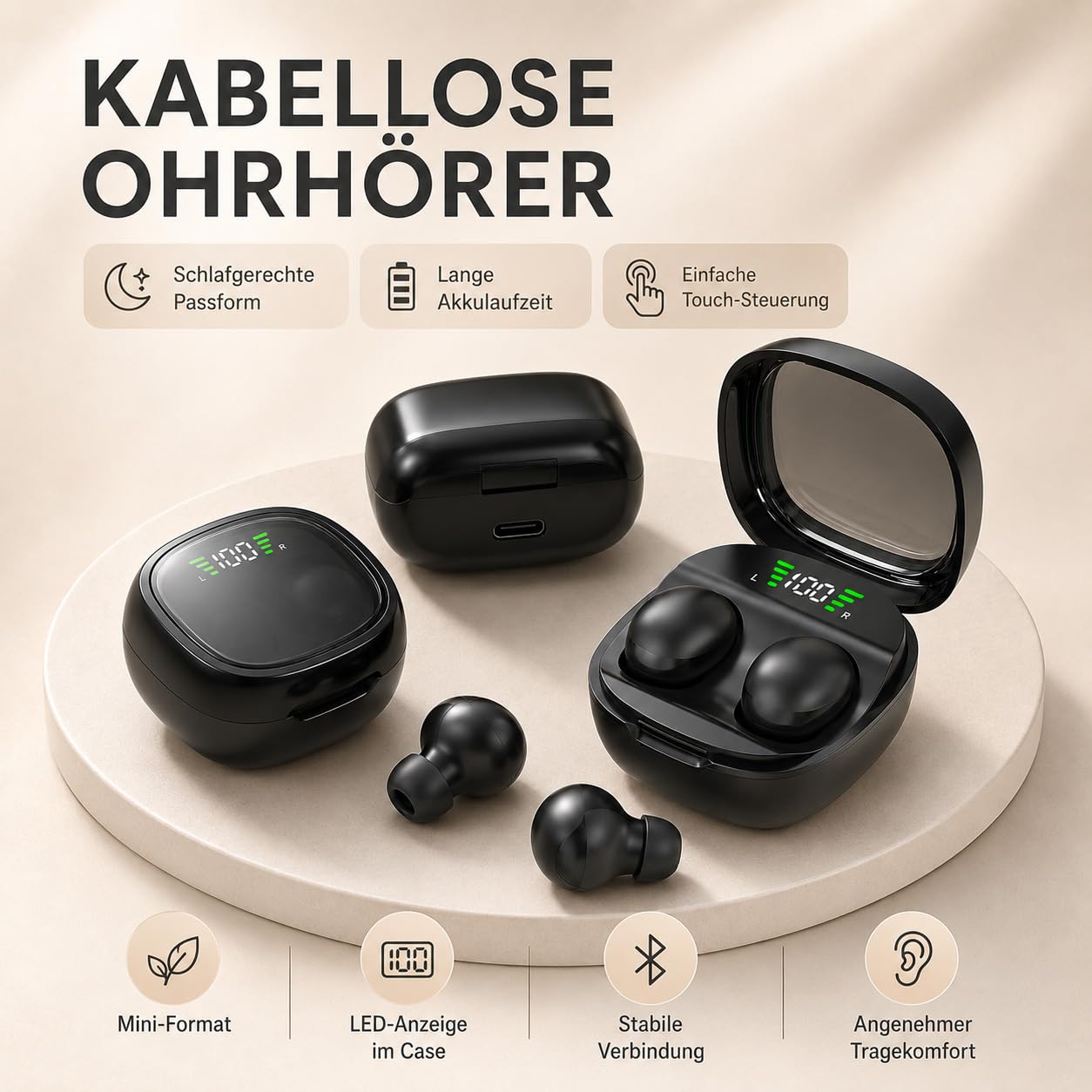 Micool Unsichtbarer Schlaf-kabelloser Kopfhörer, wasserdichte Bluetooth-Ohrhörer, leichte Schlafkopfhörer Bluetooth, schmerzlose, unsichtbare Schlaf-Kopfhörer für empfindlichen Schlaf, lange