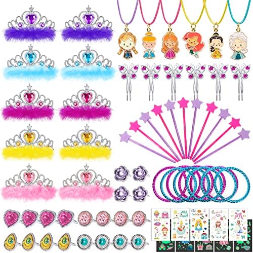 vamei 80pcs Princess Party Bag Fillers for Girls Princess Dress Up Pretend Play Jewellery Toy Princess Crown Star Wand Butterfly Hair Clips Tattoos Princess Accessories Party Favours for Kids Girls