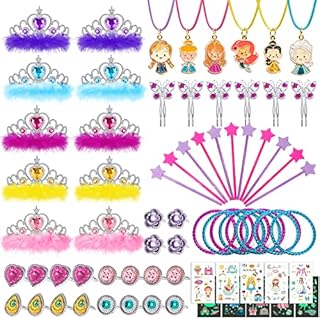 vamei 80pcs Princess Party Bag Fillers for Girls Princess Dress Up Pretend Play Jewellery Toy Princess Crown Star Wand Butterfly Hair Clips Tattoos Princess Accessories Party Favours for Kids Girls