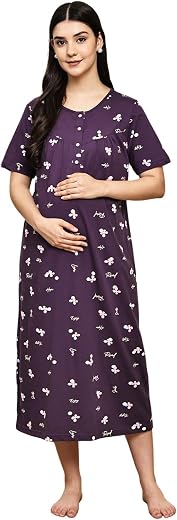 Secret Wish Hosiery Printed Maternity Nighty for Women | Soft & Comfortable Pregnancy Night Dress | Nursing Nightwear with Front Buttons for Breastfeeding | Feeding Night Gown for New Moms