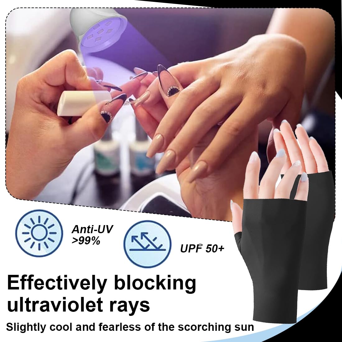 Guanti U V per Unghie in Gel, Anti UV, UPF200+, Guanti per Manicure, Guanti senza Dita Anti UV, per Manicure, Asciugatrice, Cura della Pelle delle Unghie, Fingerless, per la Casa, Outdoor (Nero)