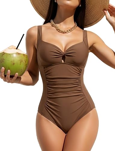 Aidonger One Piece Swimsuits for Women Tummy Control Ruched Twist Front Bathing 