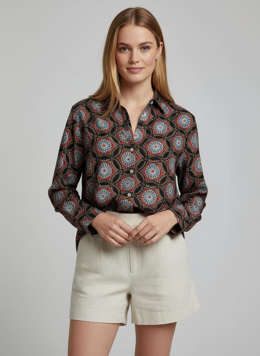 ANNI Designer Bedrucktes Damenhemd aus Baumwollmischgewebe, langärmelig, normale Passform, Hemdkragen, legere Bürokleidung, elegante Western-Kleidung für den Alltag, Hochzeit, Party