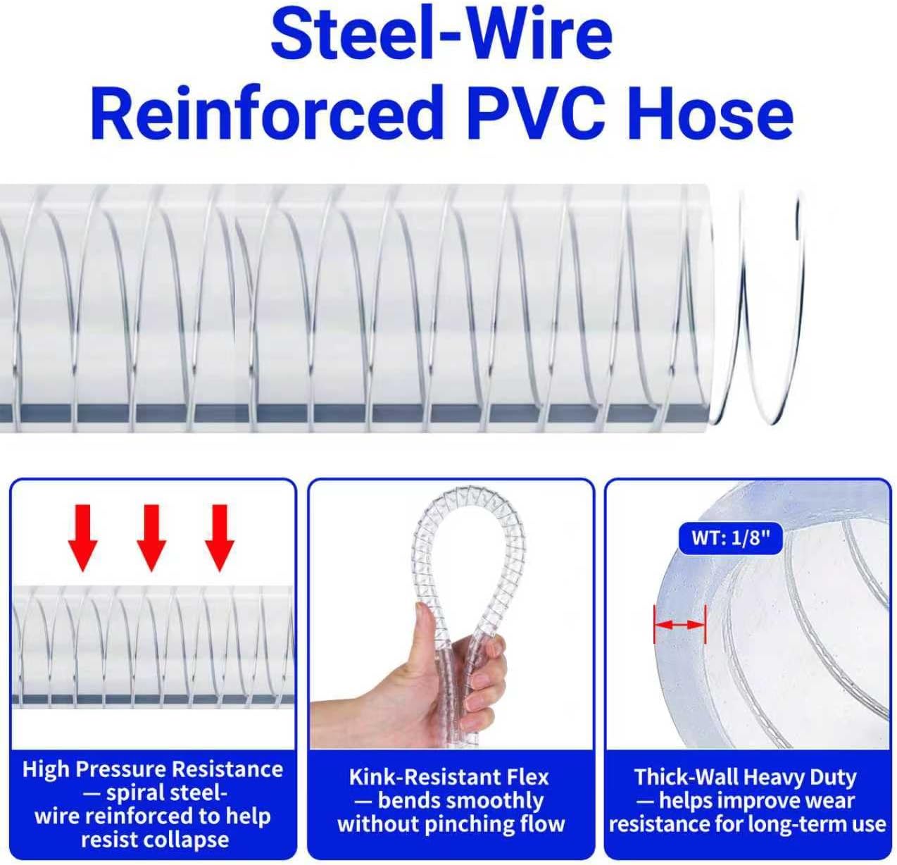 80-593-NI Replacement Dispensing Hose – 8FT PVC Steel-Wire Reinforced Fuel Line, 3/4" NPT Threaded Fitting with Clamp – Compatible with Gas Caddy, Fuel Caddy, Fuel Caddy with Pump, Fuel Transfer Tank"