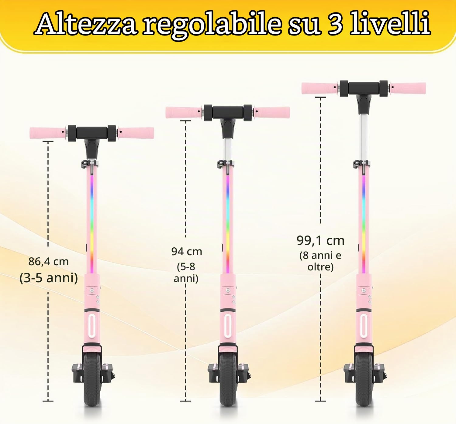 E-RIDES Monopattino Elettrico Bambini, Manubrio Regolabile 86-99cm, Motore 130W 3 Velocità 8-14 km/h, Autonomia fino a 8km, Display LED & Luci, Pneumatici 6,5" Pieni, per Bambini 3-12 Anni​ (Rosa)