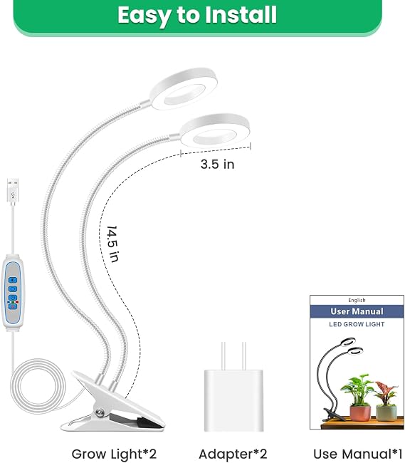 Wiaxulay Plant Grow Light, Full Spectrum Clip Growing Lamp 2 Heads 2 Pack | 3.5in LED Growing Lamp with 360° Gooseneck, 6/12/16 Hrs Timer, 3 Lighting Modes, 5 Brightness Levels for Seedlings Succulents [Energy Class F]