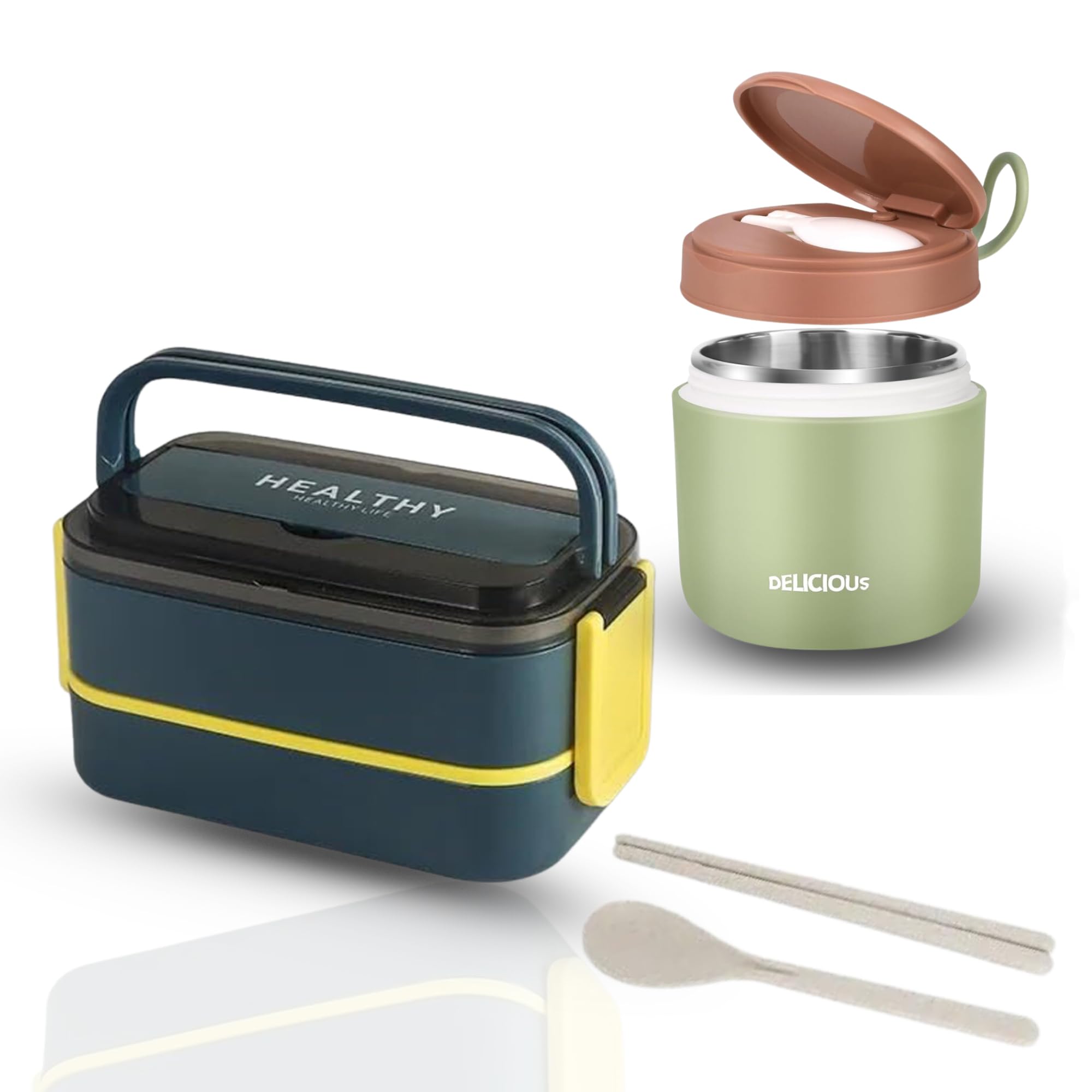 YELONA Japanese Style Bento Lunch Box, 1400 ML 2 Layer, 3 Compartments | Leakproof Tiffin Box with Spoon & Chopsticks | 430 ML Lunch Pot | Meal Jar for Office, School, College, Men, Women, Kids (B0DH549T8X) Amazon Price History, Amazon Price Tracker
