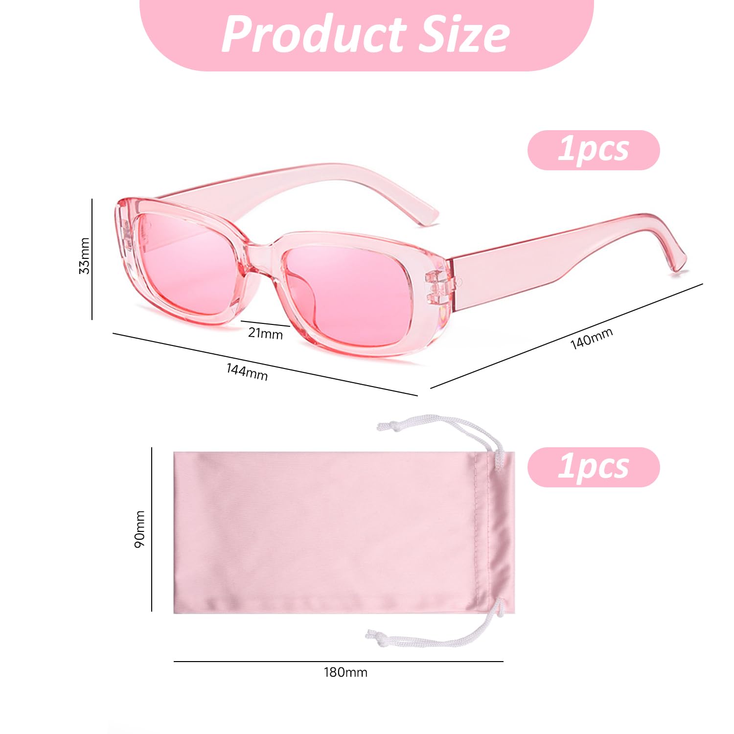 1 różowe okulary i 1 torba na okulary, modne okulary przeciwsłoneczne, prostokątne okulary przeciwsłoneczne, okulary przeciwsłoneczne retro, akcesoria odzieżowe, Różowy, M