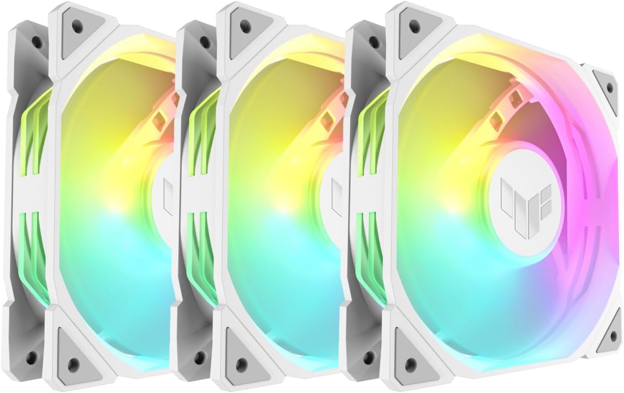 ASUS TUF Gaming TR120 ARGB Standard Blade White 3-in-1 Case Fan Pack of 3 (120 mm PWM PC Fan, 2000 rpm, 3.3 mm H2O, 77.4 CFM Airflow, 16 Individually Addressable RGB LEDs, White)