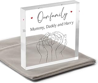 Beecreative Our Family Gifts, Family Of 3 Ornament, New Parents Gift, Mummy Daddy and Baby Gift, Mummy Daddy Hands Baby Feet, Acrylic Block With Grey Bag